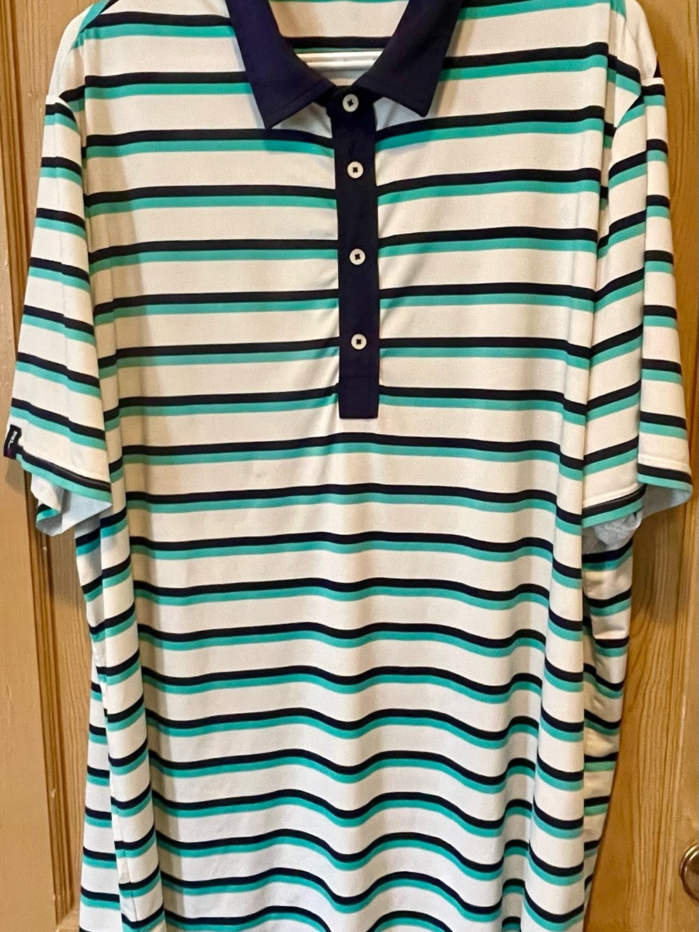 RLX Ralph Lauren White Polo with Navy & Teal Stripes